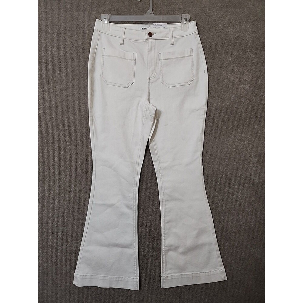 Sonoma High Rise Flare Jeans Womens 12 Cream White Patch Pockets Stretch NEW